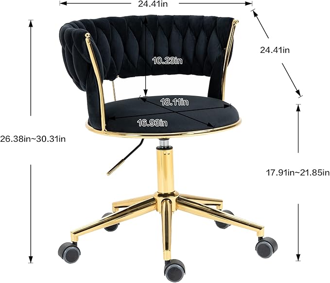 NIOIIKIT Velvet Office Desk Chair with Hand Woven Backrest, 360° Swivel & Height Adjustable Task Chairs, Makeup Chair, Living Room Chairs with Stainless Base and 5 Wheels (Black)