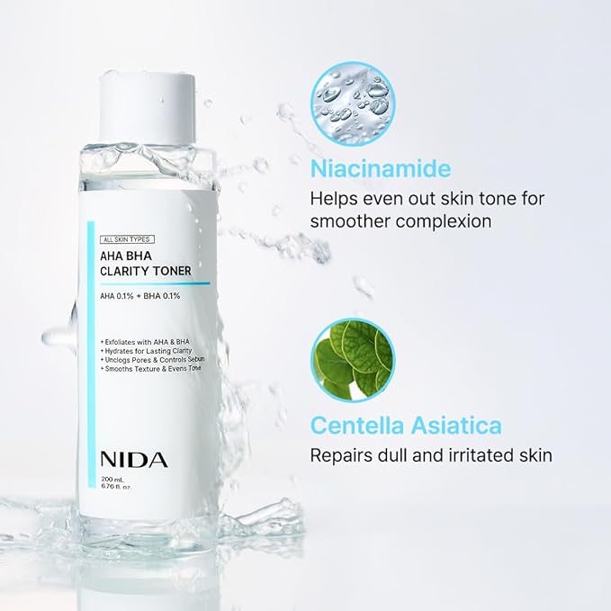 NIDA AHA BHA Clarity Toner | AHA 0.1%, BHA 0.1%, Niacinamide,Centella Asiatica | Exfoliate, Hydrate, Pore Control, Evens Tone | 6.76 fl. oz., 200ml