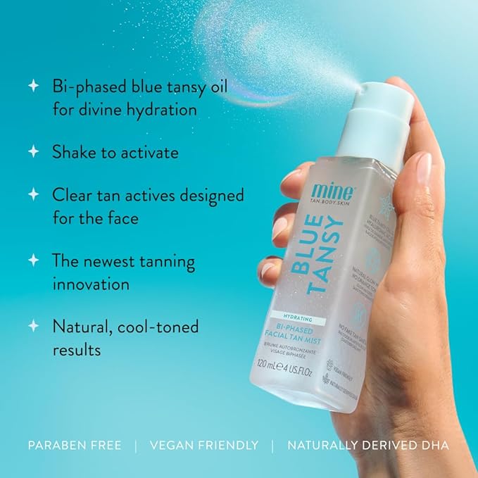 Minetan Clear Face Tan Mist | Blue Tansy Oil Infused Facial Self Tanning Spray - Gradual Fake Tanner with Hydrating Skin Care, Cool Toned, Natural Sunless Bronze Glow, Quick Shake to Best Apply
