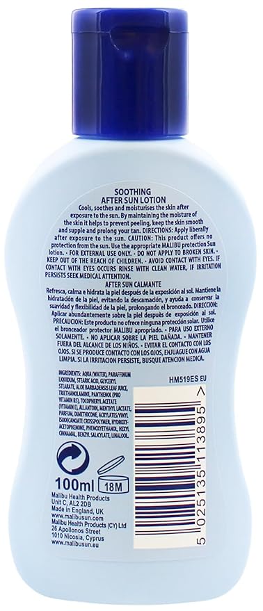 Malibu After Sun Lotion 3.4 fl oz – Cooling Aloe Vera & Vitamin E Moisturizer for Sunburn Relief, Hydrating Post Sun Care for Face & Body, Fast-Absorbing, Made in UK