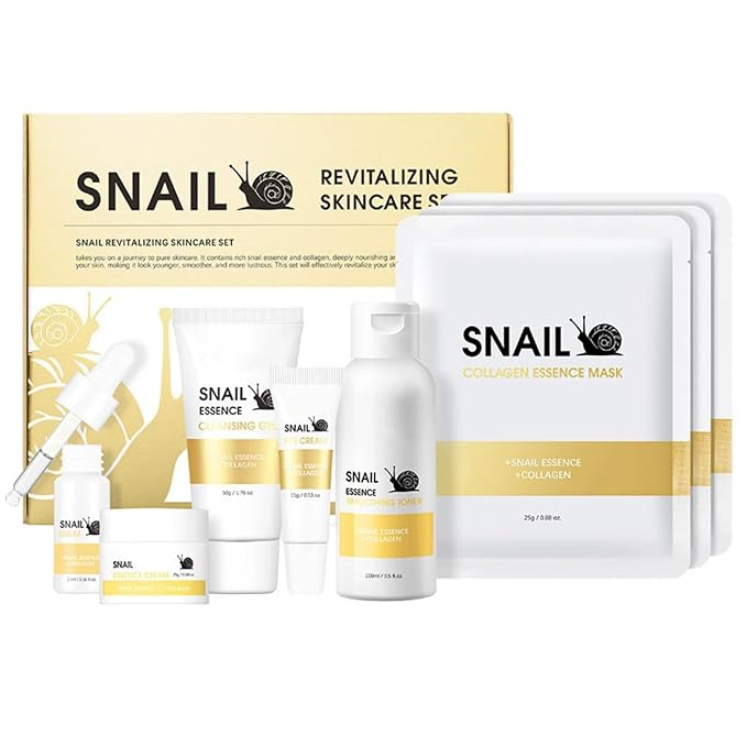 Korean Snail Essence Skin Care Set, 6-Piece Skincare Set with Gentle Cleansing Gel, Mask, Toner, Eye Cream, Serum, Essence Cream, Long-Lasting Moisturizing Minimize Wrinkles & Pores Smooth Fine Lines