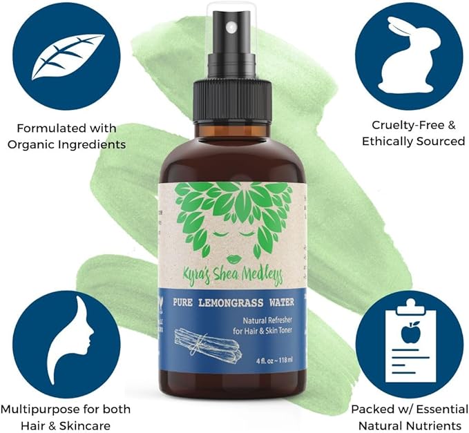 Multiuse Lemongrass Water Toner Mist for Face, Body, and Hair - Pure Distilled Lemograss Water Spray - Soothes and Hydrates Skin, Scalp, Hair, & Nails - 2 oz
