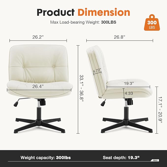 Sweetcrispy Criss Cross Chair, Wide Seat PU Leather Armless Office Desk Vanity Chair, Comfortable Adjustable Swivel Computer Task Chairs for Bedroom, Small Space Make Up, Light Beige