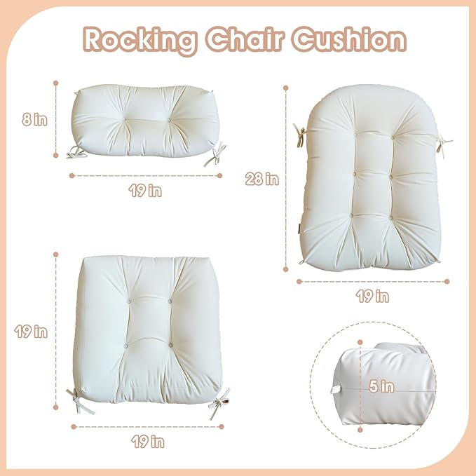 Rocking Chair Cushion Indoor Large Chair Pads Set with Ties Extra Lumbar Pillow Premium Dutch Velvet High Resilience Filler Non-Slip Bottom, Beige
