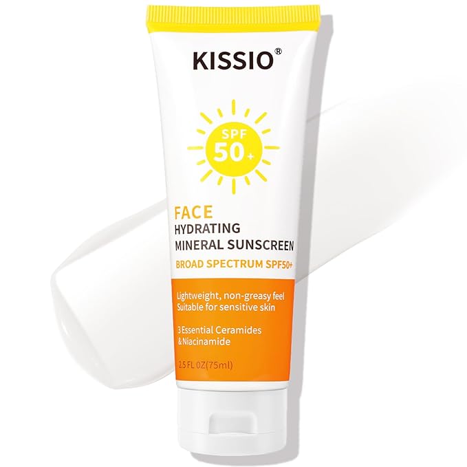 KISSIO Sunscreen For Face,with Zinc Oxide and Titanium Dioxide,Broad Spectrum Sunscreen,SPF 50,Hydrating Mineral,Non-greasy,Suitable for Sensitive Skin,2.5 FL OZ