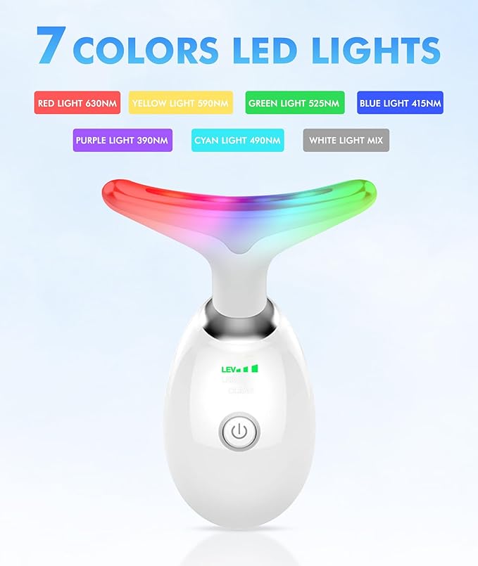 Red Light Therapy for Face and Neck, 7 Color Face Massager Tool for Wrinkles, Double Chin, Vibrating Facial Massager with Thermals for Skin Care, Gifts for Women Men, Glossy White