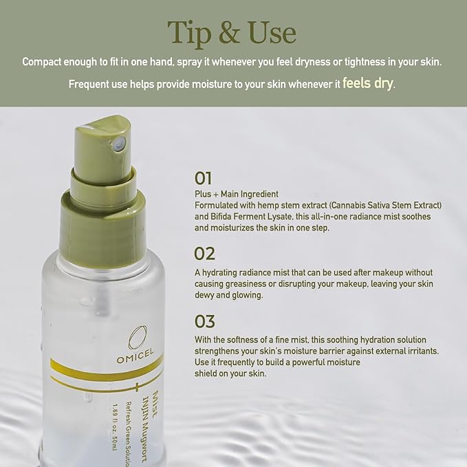 INJIN Mugwort Green Solution Mist (3 Count) - Hydrating Facial Toner Spray for Dewy, Glowing Skin | Moisturizing Makeup Setting Mist | Hemp Stem Extract, Bifida Ferment Lysate