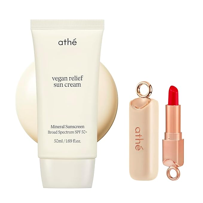 athé Vegan Relief Sun Cream SPF 50+ Broad Spectrum – Lightweight Hydrating Face Sunscreen, No White Cast, Includes Mini Tinted Lip Balm (04 Brave, 0.04 oz) | Vegan K-Beauty (1.69 fl oz)
