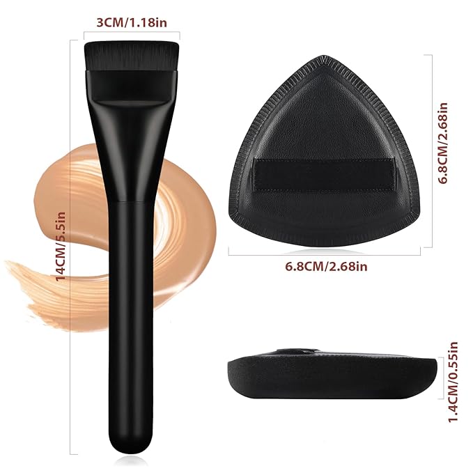 Flat Foundation Brush with Puff, Beautyfactor Ultral Thin Spatula Makeup Brush with Sponge for Liquid Makeup | Fast Flawless Korean Kabuki Brushes for Blending, Liquid, Cream, Blush, Buffing（Black）