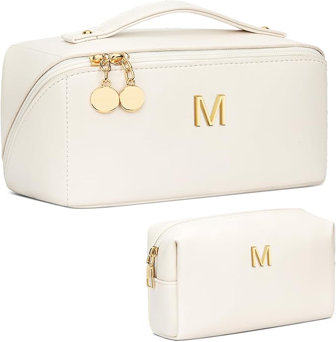 Birthday Gifts for Women Teen Girl, Personalized Initial Makeup Organizer Bag Set, Open Flat Travel Cosmetic Bag With Clear Divider and Handle(Large-Beige,M)