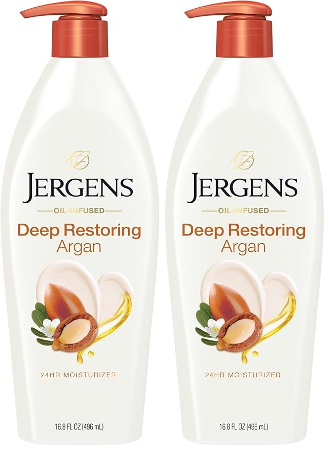 Jergens Deep Restoring Argan Oil Moisturizer, Soothing Body and Hand Lotion, with Reviving Argan_Oil and Vitamin E, Oil-Infused, Dermatologist Tested, 16.8 oz (Pack of 2)
