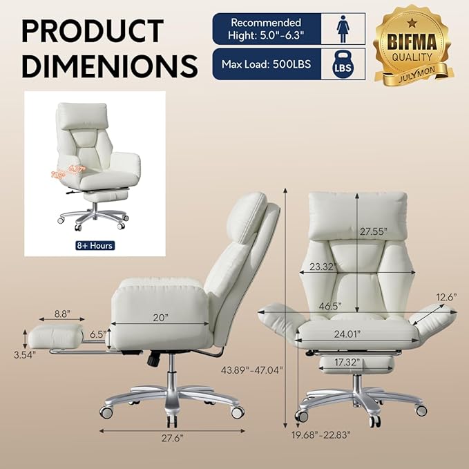 Cross Legged Office Chair with Pets Friendly Arms, Plus Size Criss Cross Desk Chair, Big and Tall Office Chair with Foot Rest, Reversible Armrests & Wide Seat, Cream White