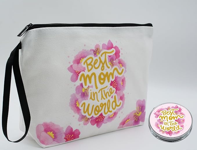 Personalized Best mom Makeup Bag set with Mirror for Women,Mama travel Cosmetic bag kit with10 pieces pink brush set, Mom Gifts From Daughter sons for Mother