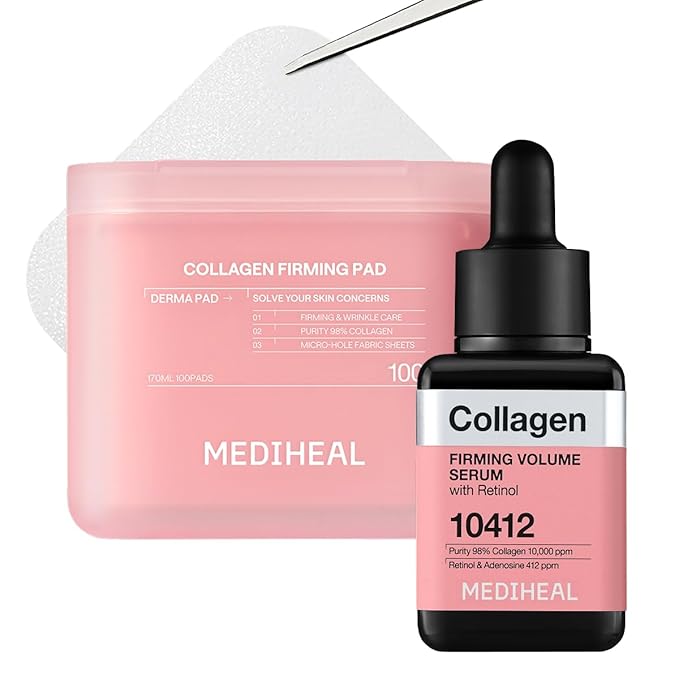 Mediheal Collagen Pad & Serum Skin Care Duo Set for Skin Nourishment & Healthy Skin – Collagen Firming Toner Pads (100 Count) + Collagen Firming Serum (1.35 fl.oz)