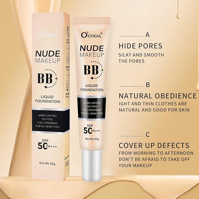 O'CHEAL BB Cream with SPF 50+ | Full Coverage Tinted Moisturizer with Buildable Concealer Powder Foundation, Oil-Free, Hydrating & Matte Finish | Vegan, Cruelty-Free, for All Skin Types(Natural)