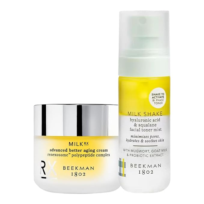 Beekman 1802 Milk RX Advanced Better Aging Cream (1.69 fl oz) + Milk Shake Hydrating Toner & Face Mist (2 oz) - Fragrance Free - Cruelty Free