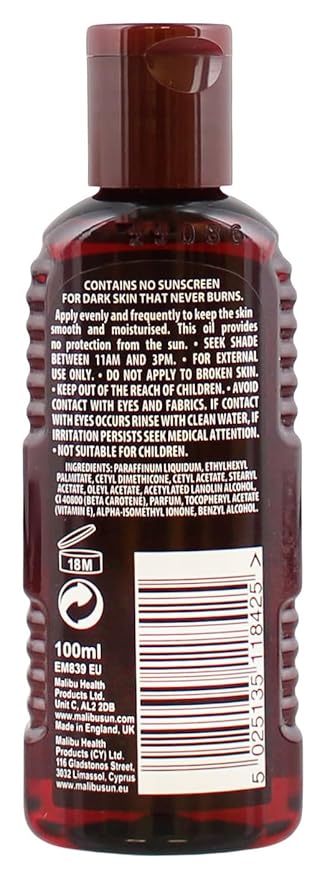 Malibu Sun Fast Tanning Oil - Tan Accelerator for Outdoor/Tanning Bed, Beta Carotene Carrot Extract & Vitamin E for Moisture & Hydration, Water-Resistant, Coconut, Cruelty-Free, Made in UK (3.4 Fl Oz)