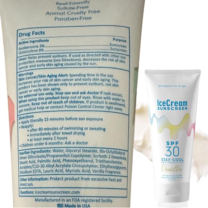 IceCream Sunscreen, Body & Face Lotion Sunblock SPF 30 Moisturizer, Water & Sweat-Resistant, Reef-Friendly & Cruelty-Free, 6oz (177ml) - Original & Vanilla Scent (Pack of 2)