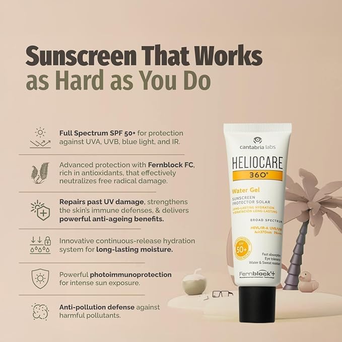 Helio-care 360º Water Gel SPF 50+ PA++++ Sunscreen | Ultra-Light, Hydrating Sunscreen for Dry & Dehydrated Skin | Hyaluronic Acid | Water & Sweat Resistant | No White Cast | 50ml