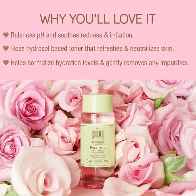 Pixi Rose Tonic Rose Hydrosol Toner Hydrates Skin, Minimize Redness, Rehydrates and Replenishes, 100mL/ 3.4 fl oz