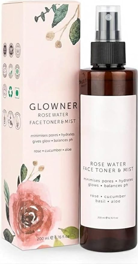 Organic Glowner Face Toner Face Mist, Alcohol Free, Rose Water 100ml Pore Minimizing Tightening Natural Toner Spray for Glowing Skin - All Skin Types