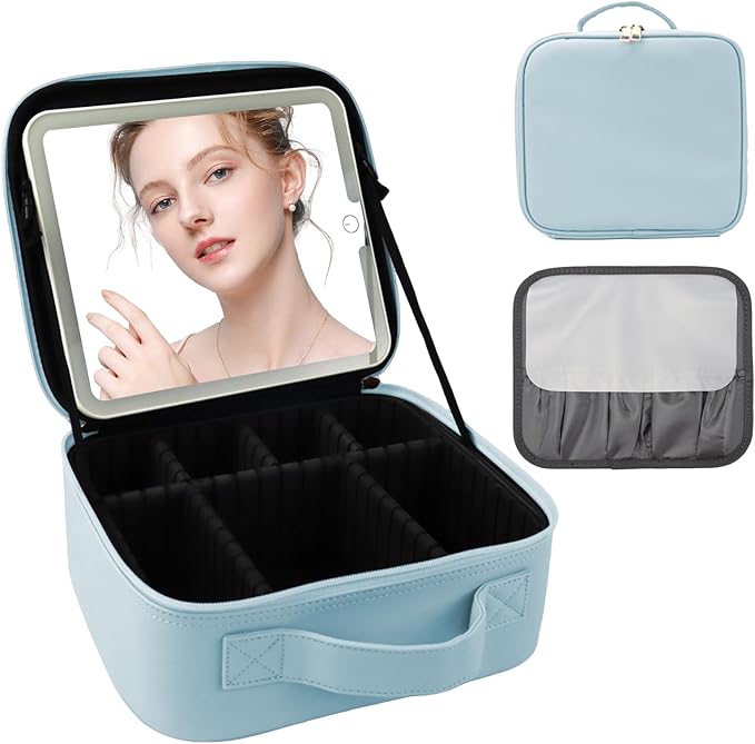 Travel Makeup Bag with LED Mirror and Light Travel Makeup Case Cosmetic Organizer Portable Cosmetic Brush Organizer Bag with Adjustable Dividers for Cosmetics Makeup Brushes Toiletry(Baby Blue)
