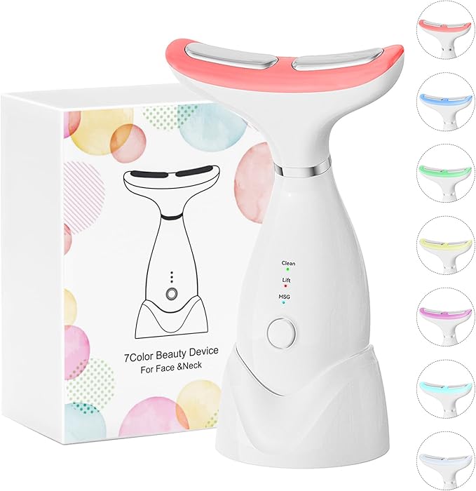 Facial and Neck Massager,7 Color LED Light Therapy for Face,Face Lift Device,Beauty Face Massager Tools for Skin Care (White)