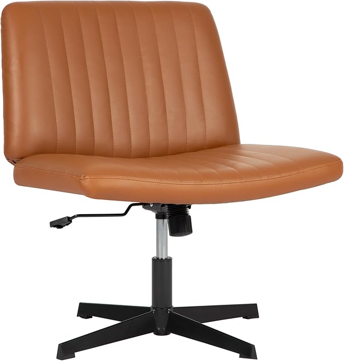 PayLessHere | Criss Cross Chair | Brown | Wide, Armless Desk Chair Without Wheels | 360 Swivel, Height Adjustable & Stable Metal Base | for Office, Home Office, Vanity Seating