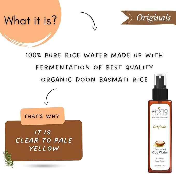 Mystiq Living Fermented Rice Water Toner Spray for Korean Glass Skin | 100% Pure Made with Organic Doon Basmati Rice | Skin Brightening & Glowing Skin