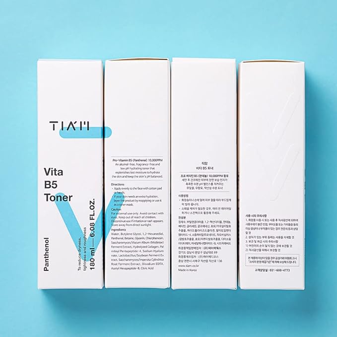 TIAM Vita B5 Toner, Hydrating & Low pH Facial Toner with Panthenol, Betaine & Collagen, Lightweight Moisture Boost for Dry & Sensitive Skin, Korean Skincare 6.08 fl.oz. 180ml