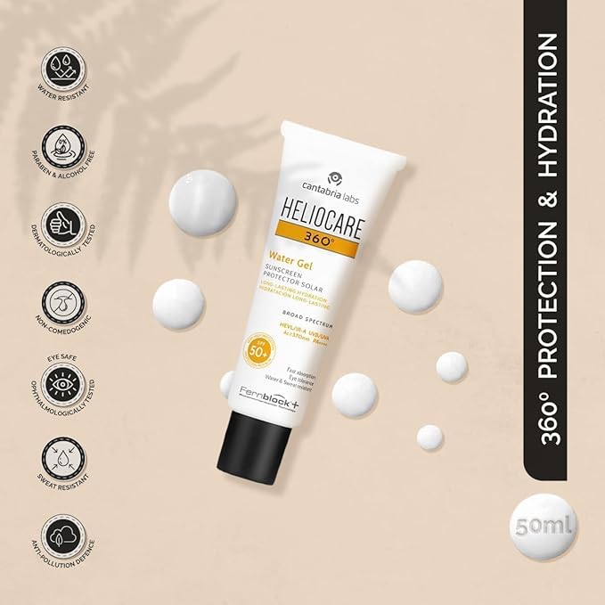 Helio-care 360º Water Gel SPF 50+ PA++++ Sunscreen | Ultra-Light, Hydrating Sunscreen for Dry & Dehydrated Skin | Hyaluronic Acid | Water & Sweat Resistant | No White Cast | 50ml