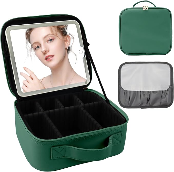 Makeup Bag with Led Mirror,Portability Cosmetic Case Portable Cosmetic Brush Organizer Bag with Adjustable Dividers,Gift for Women,Girls Gift (Dark Green)