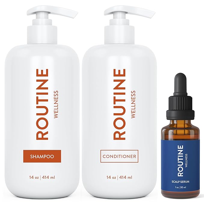 Routine Wellness Shampoo and Conditioner Set and Scalp Serum for Thinning Hair - DHT Blocker Women & Men - Color Safe Shampoo for Hair Loss & Healthier Hair - Coconut Vanilla Set