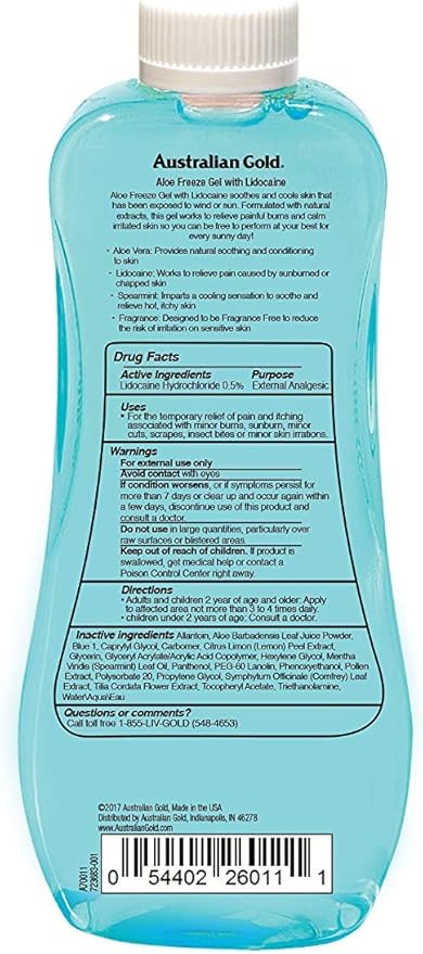 Australian Gold Aloe Vera Freeze Gel with Lidocaine, 8 Ounce (Pack of 6) | Relieves Sunburn Pain and Hot & Itchy Skin