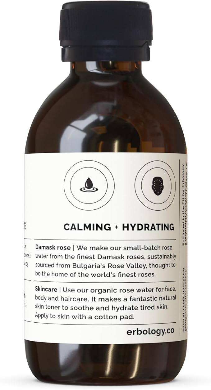 Erbology Organic Rose Water 3.4 fl oz - Distilled from Damask Rose - Premium Food Grade Hydrolate of Rose - Soothes, Hydrates and Calms - Non-GMO - Recyclable Glass Bottle