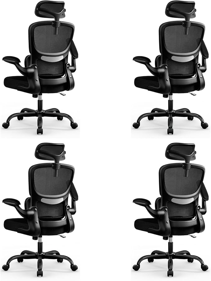 High Back Ergonomic Office Chair, Breathable Mesh Desk Chair with Lumbar Support, Adjustable Headrest, Flip-up Armrests, Computer Gaming Chair, (Black, 4Pack)