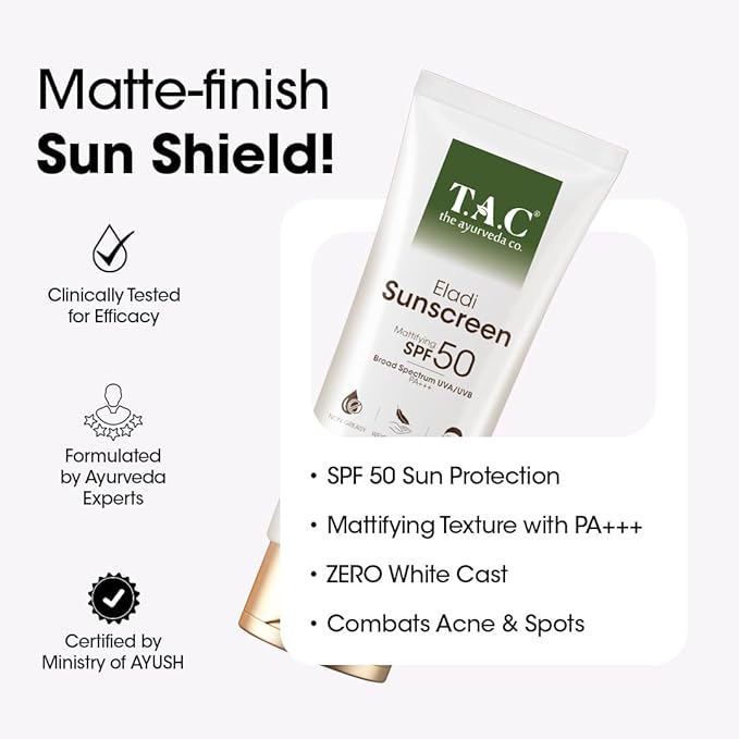 TAC - The Ayurveda Co. Sunscreen SPF50 PA++ for UVA & UVB Sun Protection with Eladi, Triphla & Hemp Seed, Protect & Anti Tan, Sheer Hydration, Clean Feel, Quick Drying & Water-Resistant 80gm