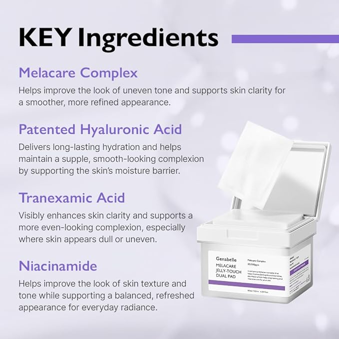 Genabelle Melacare Jelly Touch Dual Pad – Radiance-Boosting & Hydrating Toner Pads with Niacinamide & Tranexamic Acid – Targets Dark Spots and Hyperpigmentation – 4.05 fl oz