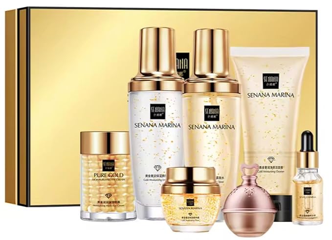 QueenLine 24K Gold 9PCS Face Toner Essence Cream Nicotinamide Anti-Aging Wrinkles Serum Facial Cleanser Kit Skin Care Set With Box