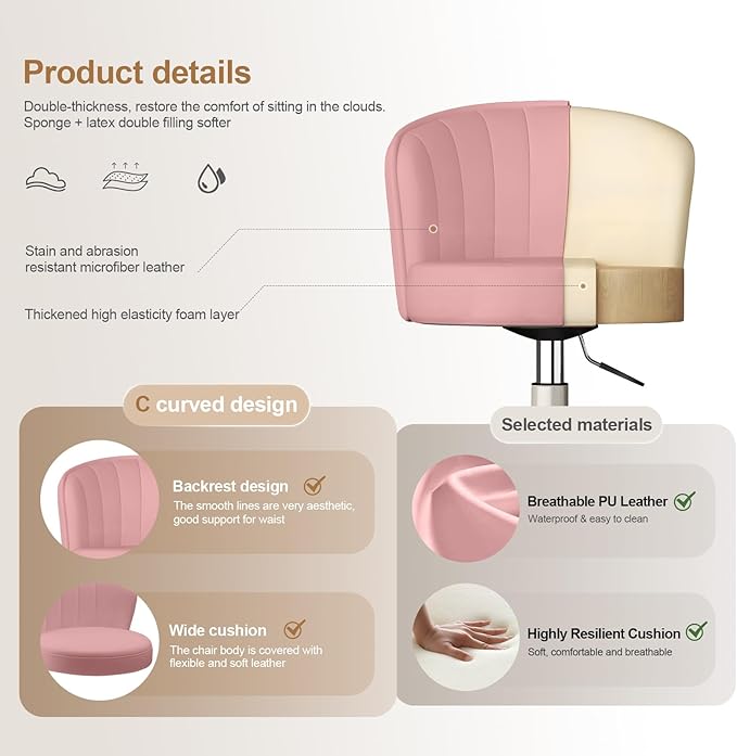 Small Desk Chair Round Rolling Chair with Back PU Leather Height Adjustable Swivel Vanity Work Computer Stool Chair for Home Office Bedroom