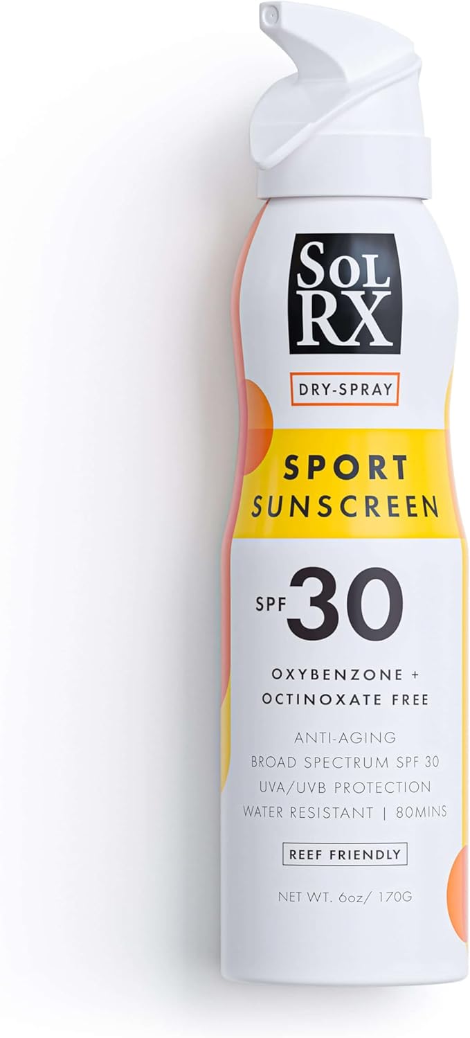 SolRX Sport Sunscreen SPF 30 Dry Spray, 6 oz – Broad Spectrum UVA/UVB, Water & Sweat Resistant, Reef Friendly Formula, Fast-Drying Continuous Sunblock Spray for Active Outdoor Protection