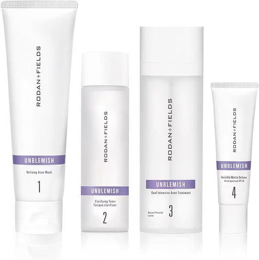 Rodan + Fields UNBLEMISH Skin Care Regimen | Skincare Set For Adult Acne | Cleanser Face Wash, Toner, Dual Acne Treatment & SPF 30 Sunscreen