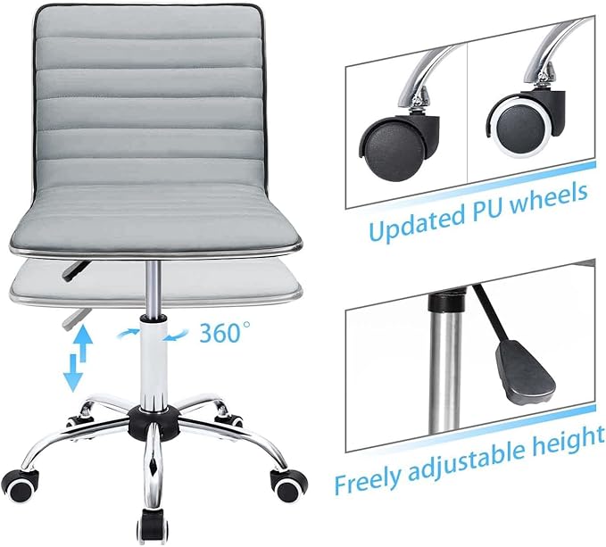 Furmax Vanity Office Desk Chair with Wheels, Armless Small Cute Leather Makeup Computer Task Chair Adjustable Height 360° Swivel (Light Grey)