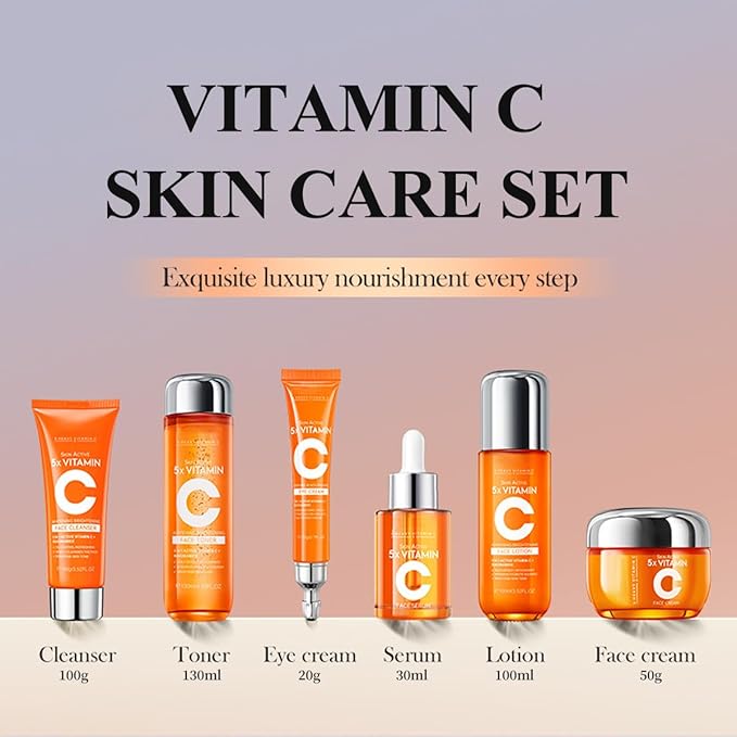 6-Piece Hydrating Skincare Set with Vitamin C, Face Care Kit Includes Cleanser, toner, lotion, essence, face cream, eye cream