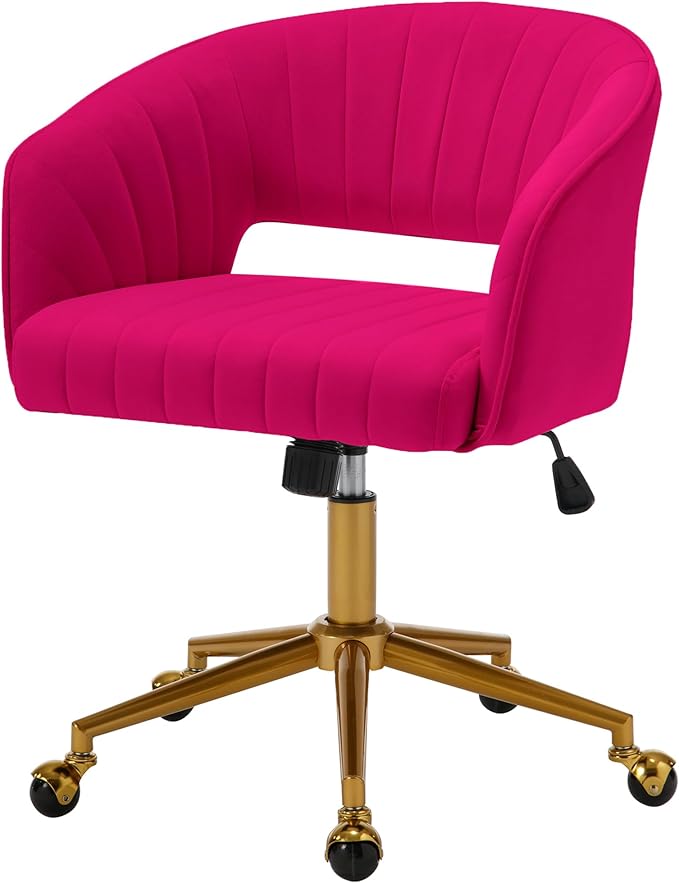 Westice Home Office Desk Chairs, Modern Velvet Rolling Chair, Height Adjustable Swivel Vanity Chair with Golden Base, Ergonomic Chair for Vanity Study, Living Room Computer Room, Hot Pink