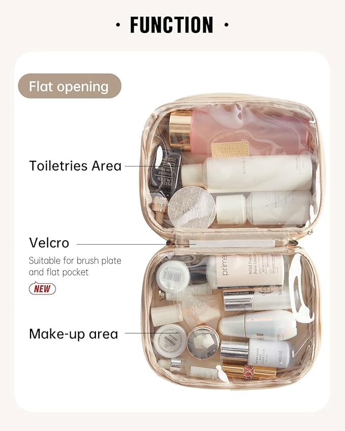 EACHY Travel Makeup Bag, Large Capacity Cosmetic Bag for Women, Waterproof PU Leather, Flat Open Portable Toiletry Bag for Skincare, Brushes & Travel Essentials