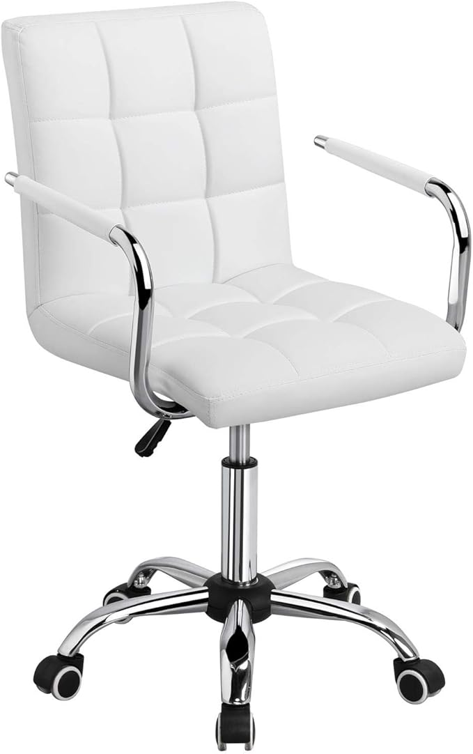 Yaheetech White Office Chair with Wheels and Armrests, Modern PU Leather Desk Chair, Mid-Back Adjustable Executive Chair, 360° Swivel