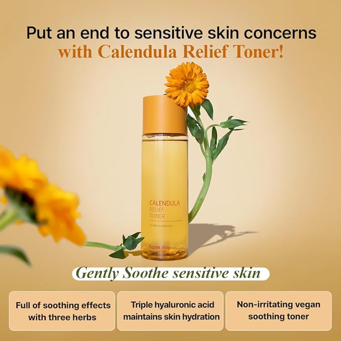 FARMSTAY Calendula Relief Toner | Quick Calming Sensitive Non-Sticky Non-Irritating Hydrating Moisturizing Korean Vegan Soothing All Skin Type 6.76 fl oz