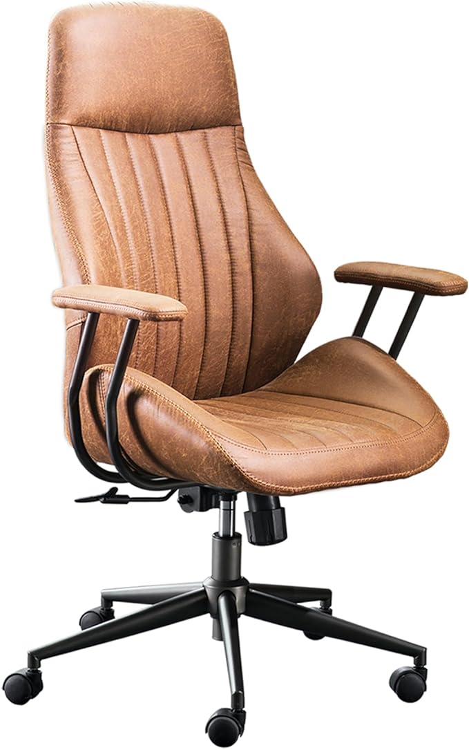 ovios Ergonomic Office Chair, High Back Faux Leather Executive Chairs with Armrests, Comfy Mid-Century Modern Swivel Rolling Computer Armchair (Brown, Suede Leather)