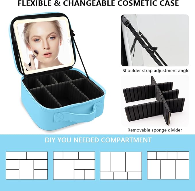 Makeup Bag with Mirror,with Mirror 3 Color Setting and Detachable 10x Magnifying Mirror Large Vanity Makeup Cases,Portable Storage and Adjustable Dividers, for Women and Makeup Artists-Blue